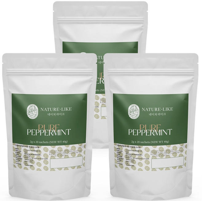 네이처라이크 퓨어페퍼민트 _유기농 순면 티백 잎차 미세플라스틱NO 항산화 민트차 노화예방 스트레스 긴장완화 프리미엄 퓨어 페퍼민트티 민트 허브티, 3개, 20개입, 2g