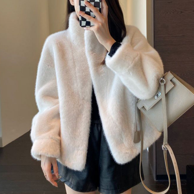 여성용 가을 겨울 하이넥 퍼 코트 숏 밍크라이크 따뜻한 긴팔 자켓