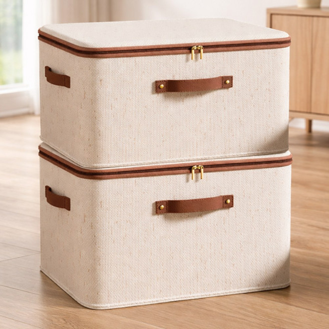 마벨인홈 고급형 각잡힌 이불 옷 정리 수납 리빙 박스, 2개, 브라운베이지