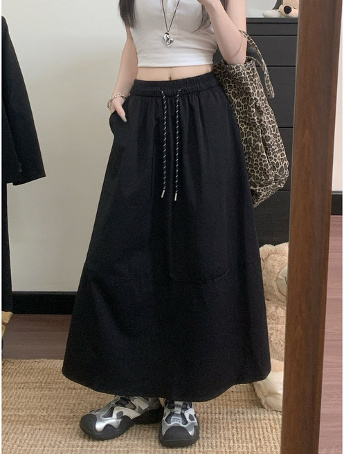 무니유유 여성 바스락 체형커버 시원한 가벼운 플레어 밴딩 롱 스커트 치마