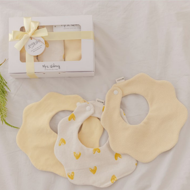 [출산백일선물] 우이동금손 쁘띠하트 턱받이3종세트[선물포장+쇼핑백세트], 버터옐로우세트, 1개, 3개입