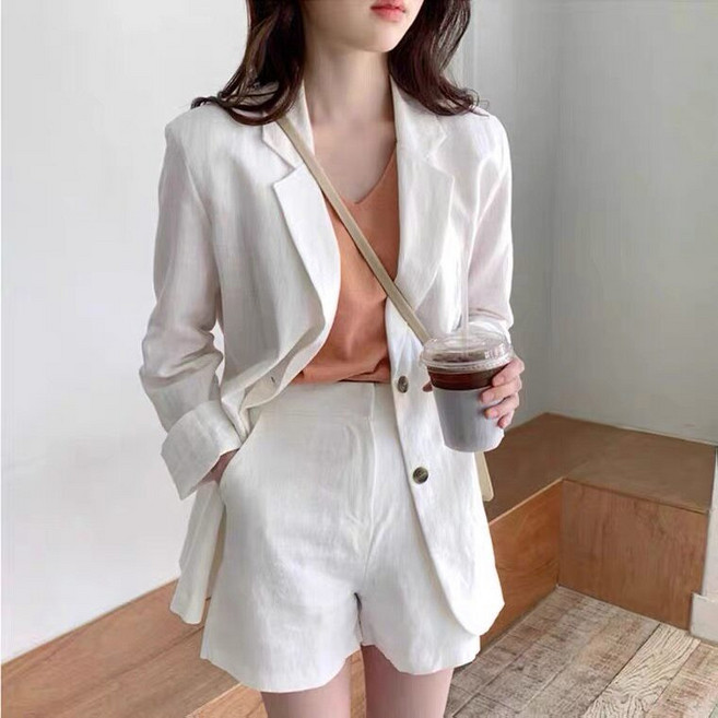 여성린넨투피스 캐주얼 반바지투피스 정장 여름 린넨 셋업 루즈핏 투피스세트