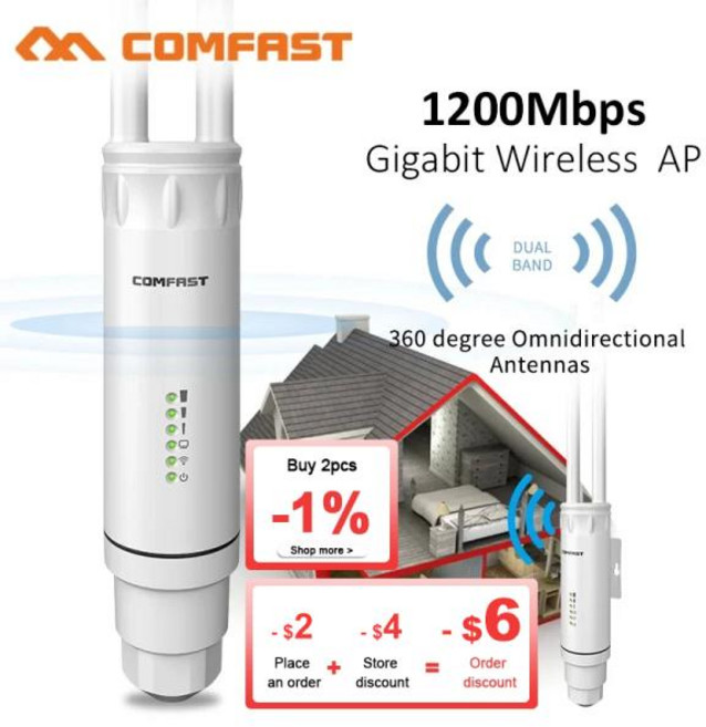 Comfast 고출력 야외 무선 와이파이 리피터 AP 라우터 1200Mbps 듀얼 밴드 2.4G 5Ghz 장거리 와이파이 익스텐더 안테나 AC1200, EU Power  Plug, 1개