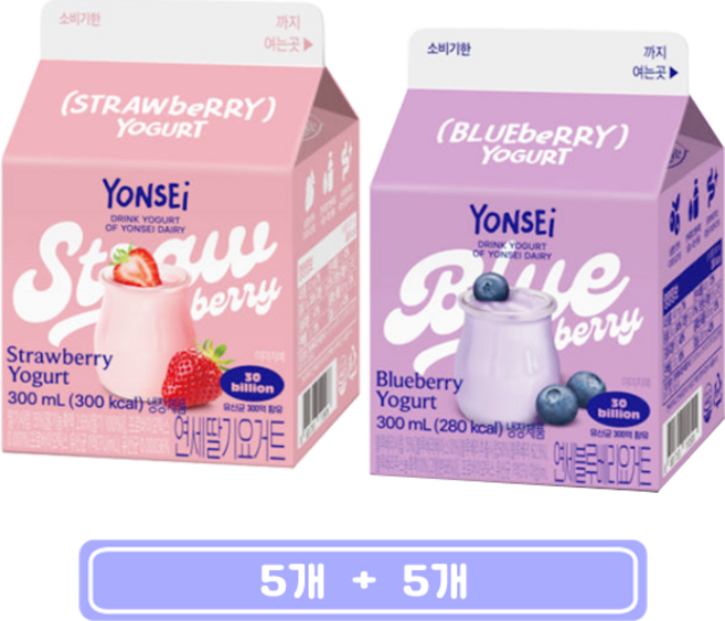 연세 스트로베리 요거트 + 블루베리 요거트, 5개, 300ml