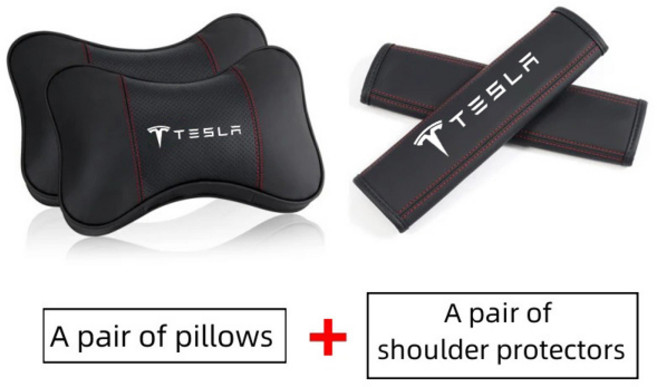 LED전구 가죽 자동차 머리 받침 목 베개 어깨 패드 Tesla Model 3 모델 S X 모델 Y Roadster SpaceX 용 인테리어, [01] 4Pcs-Tesla
