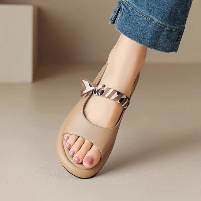 一字帶軟底涼鞋女，軟皮百搭羅馬鞋, 24 cm, 卡色