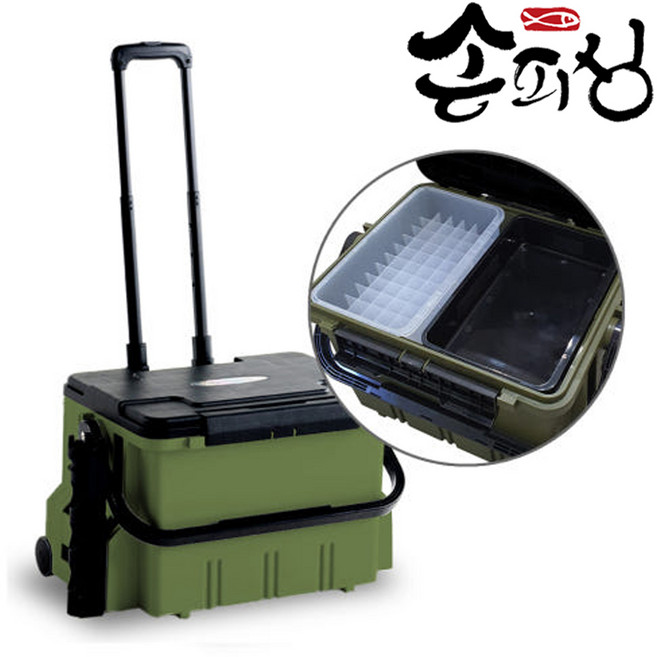 손피싱 캐리어 멀티 태클박스 로드거치대 세트 에기 케이스 루어 선상 낚시, 카키+블랙, 1개