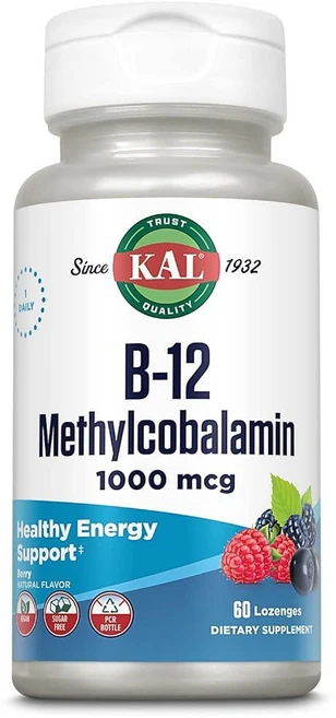 KAL 비타민 B-12 메틸코발라민 캔디 1000mcg 건강한 에너지 신진 대사 신경 및 적혈구 지원 * 최적의 흡수 자연유래 베리 맛 비건 무설탕 60회분 6, 60개 (1팩) - 쿠팡