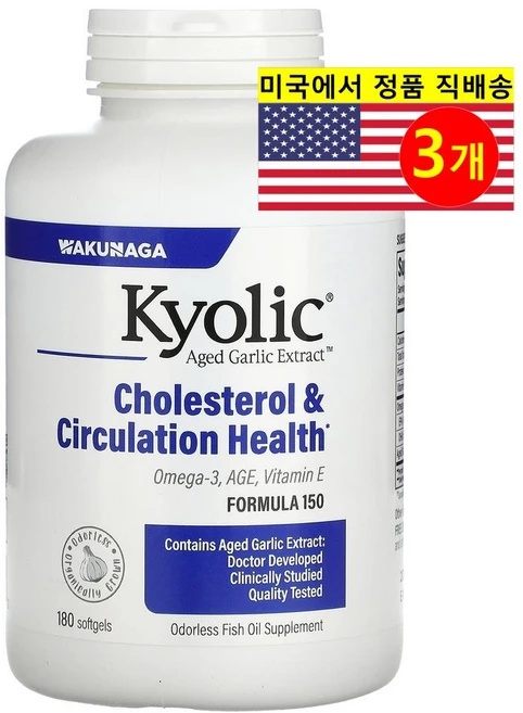 Kyolic 쿄릭 숙성 마늘 추출 콜레스테롤 서큘레이션 헬쓰 Aged Garlic Extract, 180정, 3개 - 쿠팡