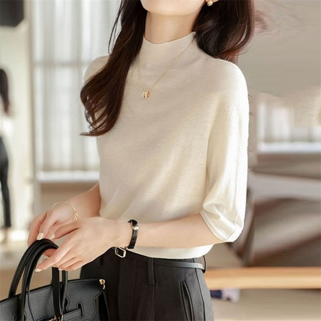 TKX 여성 고급스러운 하이넥 니트 탑 7부소매 무지 베이직 부드러운 편안한 룩