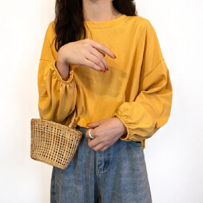 데일리바이블 퍼프소매 여성 라운드넥 블라우스 오버핏 긴팔 티셔츠