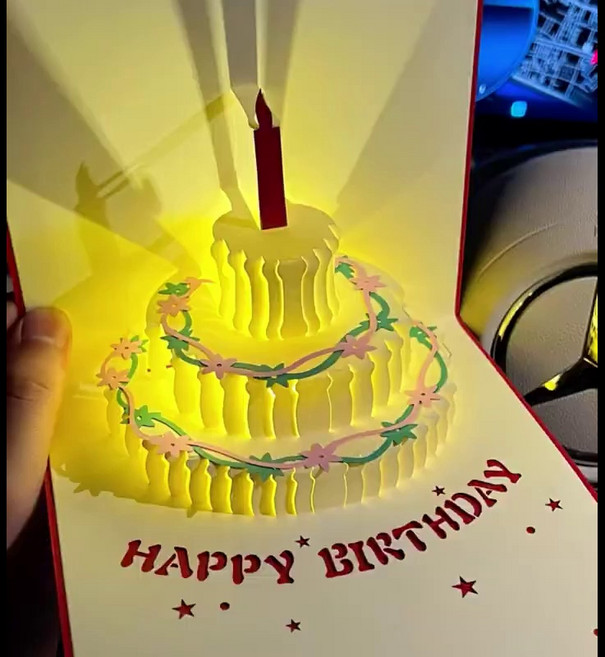 팬시온 led 조명 멜로디 축하 카드 3D 입체카드 생일카드 팝업 케이크 음악, 멜로디조명-레드