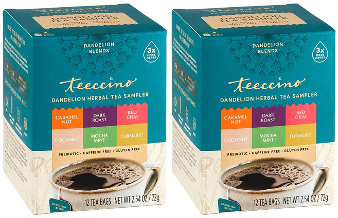 Teeccino 민들레 티 샘플러 - 캐러멜 코코넛 다크 로스트 모카 민트 레드 차이 강황 - 프리바이오틱 커피 대체품 | 카페인 프리 | 글루텐 프리 | 커피 대체품, 12 Count (Pack of 2)