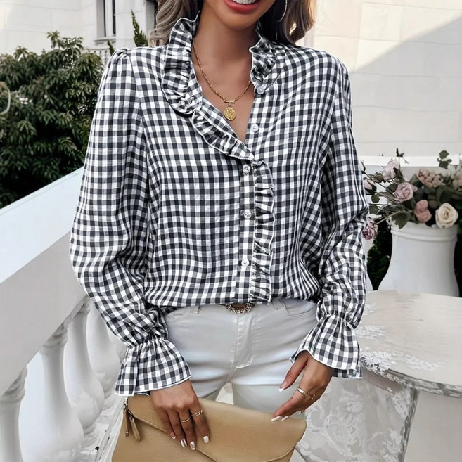 PETITBATH여성 깅엄체크 러플 카라 버튼업 블라우스 퍼프 커프스 프릴 디테일WZS51011