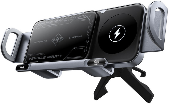 15W 초고속 충전 접이식스크린 차량용 스마트 거치대 자동 회전 +1초 초강력 고정 다양한 모델에 적용 가능, 그레이