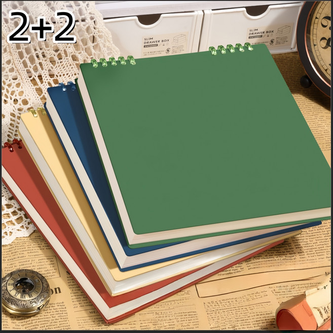 미니 휴대용 스프링 노트 정사각형 대형 스프링 노트 심플하고 빈티지한 메모장, 4개, 빨강, 노랑, 파랑, 초록, 사각형 노트