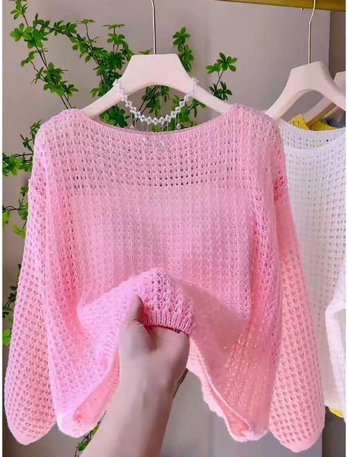 페이준 여성 봄 여름 얇은 솔리드 라운드 펀칭 긴팔 루즈핏 니트 YJ2891