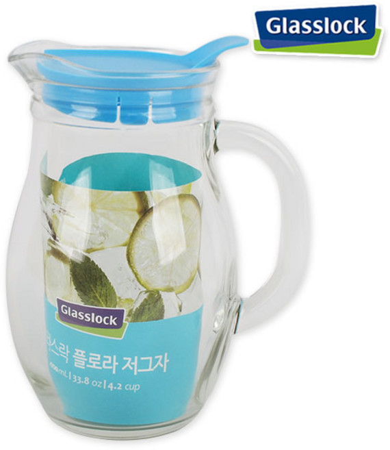 Glasslock 글라스락 저그물병(1.0L) 유리물병 냉장고물병 물통 피쳐, 블루뚜껑, 1L