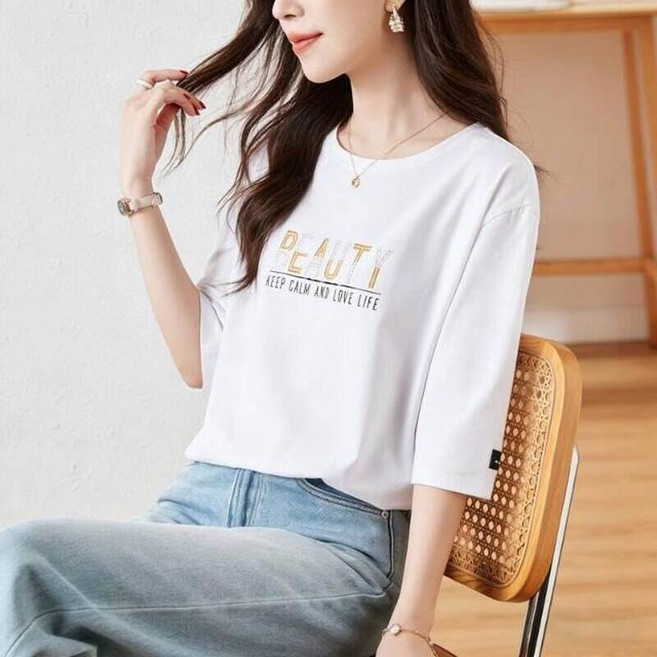 短版上衣女裝衣服大尺碼短袖瑜伽運動休閒圓領涼感T恤吸濕排汗顯瘦冰絲五分袖小香風韓版寬版透氣防曬上衣重磅厚磅t恤襯衫羽球衣