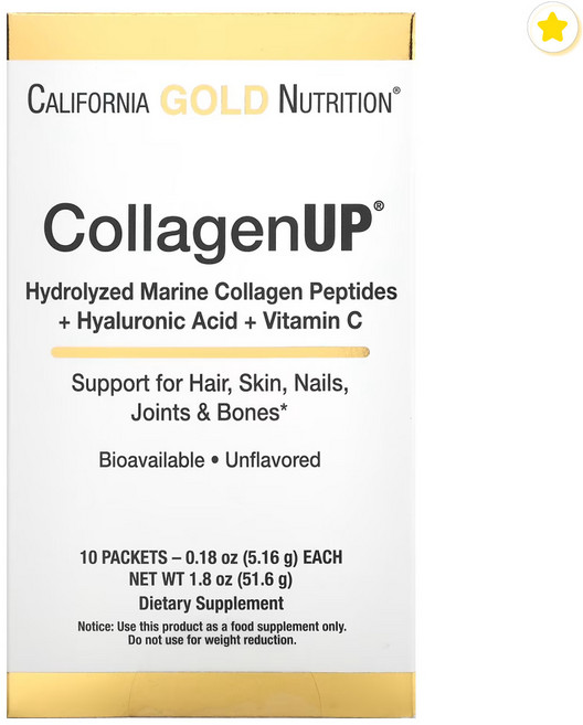 캘리포니아 골드 뉴트리션 콜라겐 업 저분자 해양콜라겐 히알루론산 비타민 C 무맛 10팩 각 5.16g(0.18oz) 단백질 저분자콜라겐펩타이드 아미노산 파우더 비타민씨 가루