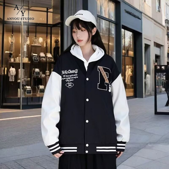 ANYOU 트렌디 캐주얼 오버사이즈 자켓 남녀 공용 그린 블랙 패치 디자인 스포츠 스타일