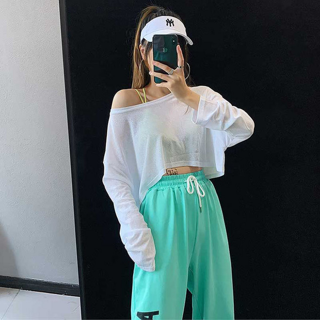 FANSYLI 라인댄스복 여성 라틴댄스 재즈댄스 줌바댄스티 단체댄스복 긴팔댄스복 섹시 시스루 크롭 티셔츠 X2505M22