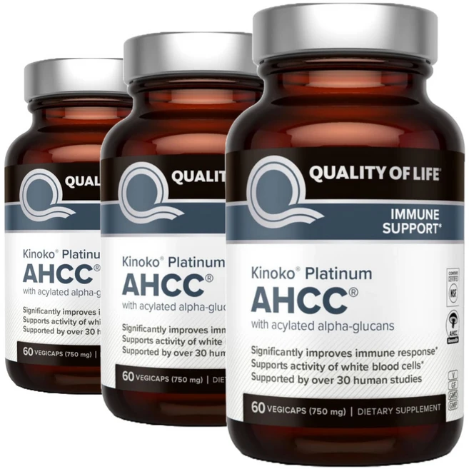 Quality of Life Kinoko Platinum AHCC 750mg 60베지캡슐 X 3병, 60정, 3개 - 쿠팡