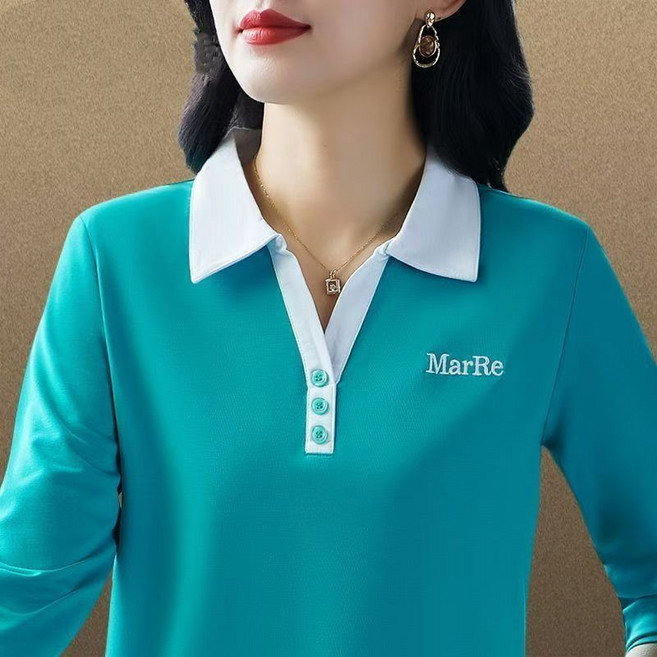 Neirny 중장년여성 빅사이즈 폴로 긴팔 티셔츠 봄가을 시크 고급 이너 엄마룩 간절기 캐주얼 루즈핏 스판 골프웨어 상의