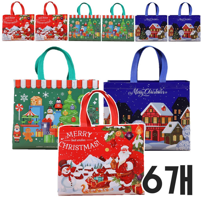 딜러버 크리스마스 부직포 가방 선물 쇼핑백, 6개, 혼합