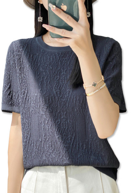 지아머트리 패턴 라운드넥 쿨링 니트티 여성 SS 여름시즌 시원한 스웨터 데일리 아이템