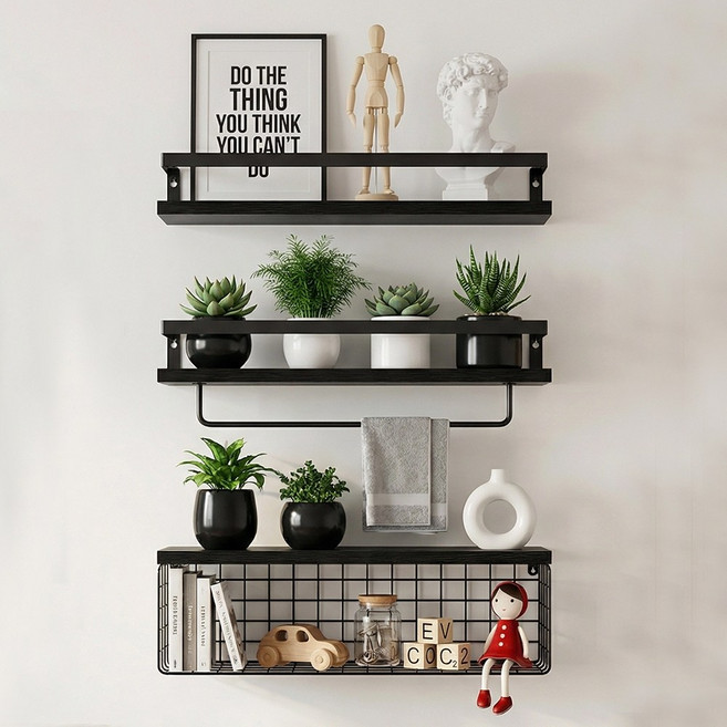 벽선반 3개 세트 북유럽 스타일 거실 주방 욕실용 원목 수납 선반, 3단, 블랙