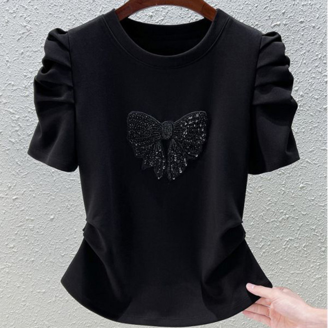 페이준 여성 봄 여름 솔리드 라운드 리본 반팔티셔츠 날씬해 보이는 퍼프티셔츠 YJ3520