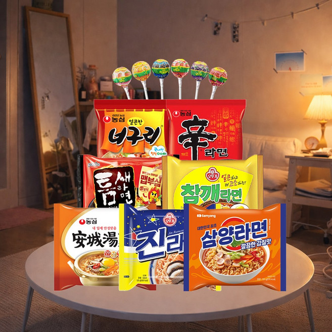 혼자 사는 밤 자취생 생존키트 선물세트 (신라면 안성탕면 진라면 틈새라면 너구리 참깨라면 삼양라면 + 츄파춥스 사탕 )