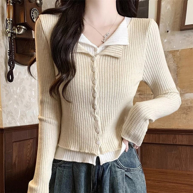 핀디걸 여성 배색 투톤 긴팔 니트가디건 A-27