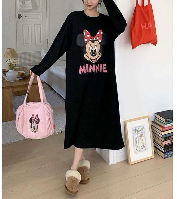 미니마우스 캐릭터 디즈니 라이센스 라운드넥 면 트임 홈웨어 캐쥬얼 데일리 긴팔 롱 원피스