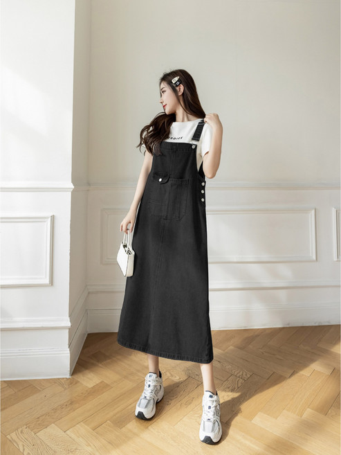 여성용 오버사이즈 캐주얼 데님 멜빵 스커트 미디 멜빵 원피스 S-5XL 뉴타임즈