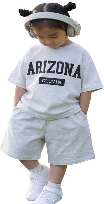 [100/110/120/130] 클로빈 키즈 오버핏 아리조나 레터링 상하복 세트 남아 여아 등원룩 여름 반팔 반바지 등원복