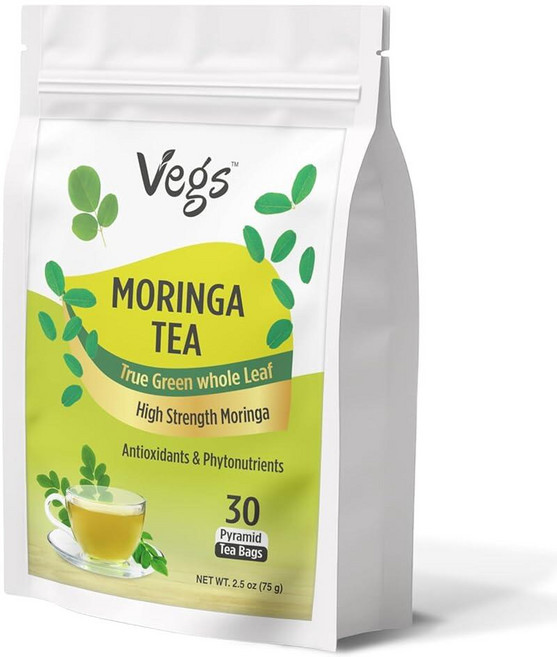 VEGS 오리지널 모링가 차 100% 트루 그린 항산화 물질 및 영양소 고밀도 잎 2.5g x 30 피라미드 티백 - 천연 프리미엄 수확 유기농 모링가 올레이페라 잎 - 카페, VEGS 오리지널 모링가 티 100% 트루 그린 항산화, 75g