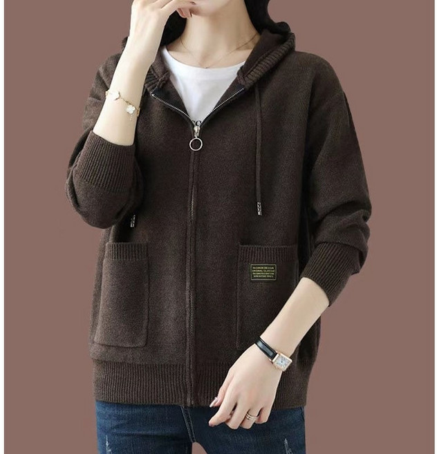 Krismile여성 니트 카디건 루즈핏 봄 가을 후드 상의 니트 코트+Krismile