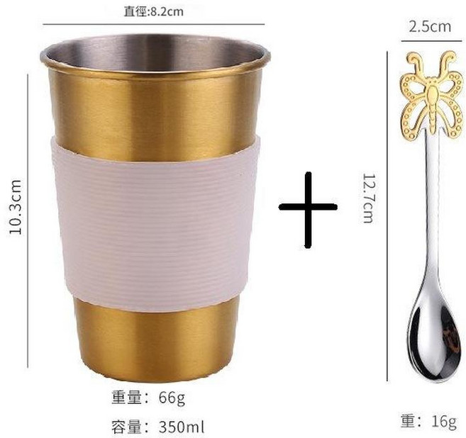 304不鏽鋼水杯 350ml 白色杯套, 金色350ml 白色杯套 勺子, 1套, 350L
