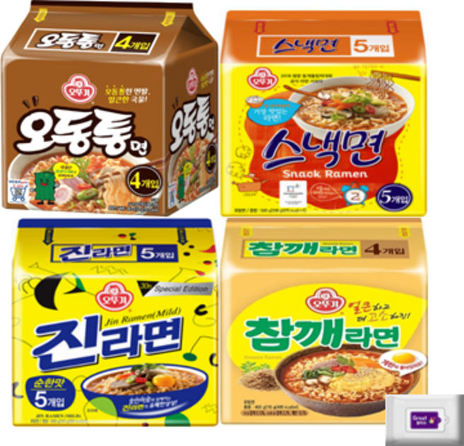진라면순한맛5입+참깨라면4입+스낵면5입+오동통면4입+그레잇물티슈(10매), 1세트