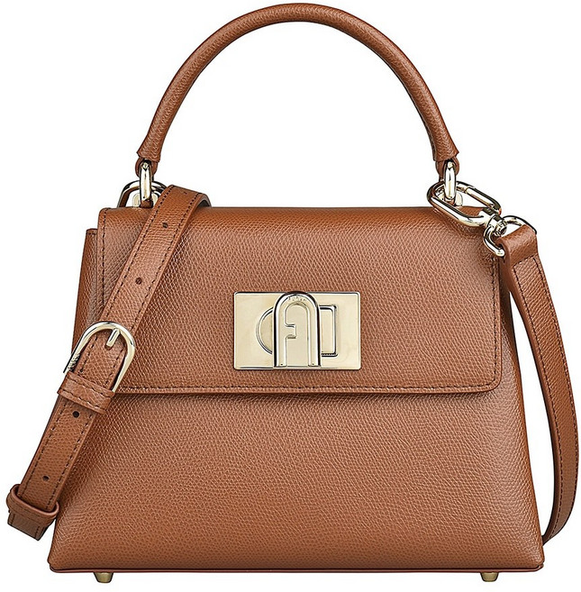 FURLA 1927 金字LOGO 防刮牛皮 旋鈕式 手提斜背包 (迷你), 棕