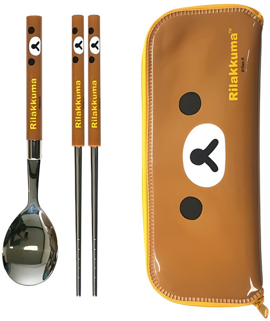 리락쿠마 슬림 수저 케이스 세트 얼굴, 브라운, 스푼 + 젓가락 + 케이스, 1세트