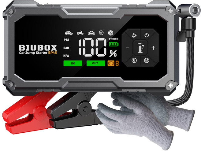 비우박스 자동차 점프스타터+타이어 공기주입기+보조배터리지원 오토바이 가능 12V 모든 가솔린 차종/디젤 4L 5000A 대용량 올인원 모든 차종 호환, 10000mAh, 1개