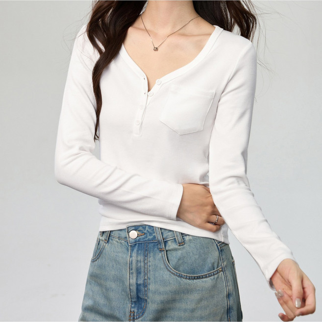 엘에프제트 슬림핏 여성 브이넥 포켓 긴팔티셔츠 골지 면티 25640
