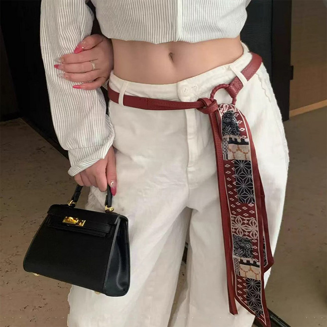 여성 페미닌 패턴 스카프벨트 패션 레이어드 꾸안꾸 하객룩 오피스룩 포인트 고급 허리띠 스트랩 벨트 봄 여름 가을 데일리룩 꾸민듯 안꾸민듯 방도 레트로 감성 트윌리 스카프