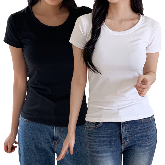 일월전빵 1+1 여성 슬림핏 무지 레이어드 스판 라운드 브이넥 반팔 티셔츠 B-C026
