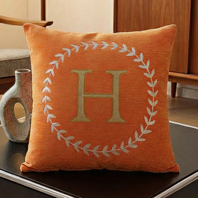 서플라이랩 H월계수 레터링 셔닐 쇼파쿠션 국산솜 포함, 1오렌지