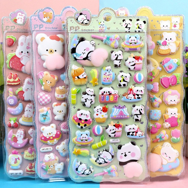 큐티한 3D 입체 말랑이 스티커 4장 세트 귀여운 동물 & 디저트 캐릭터 핸드폰/노트북 장식용 스티커, 4개, 여러 색상