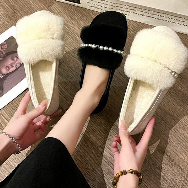 MIROSE 진주장식 여성 털 모카신 단화 로퍼 따뜻한 겨울 신발 퍼 플랫슈즈